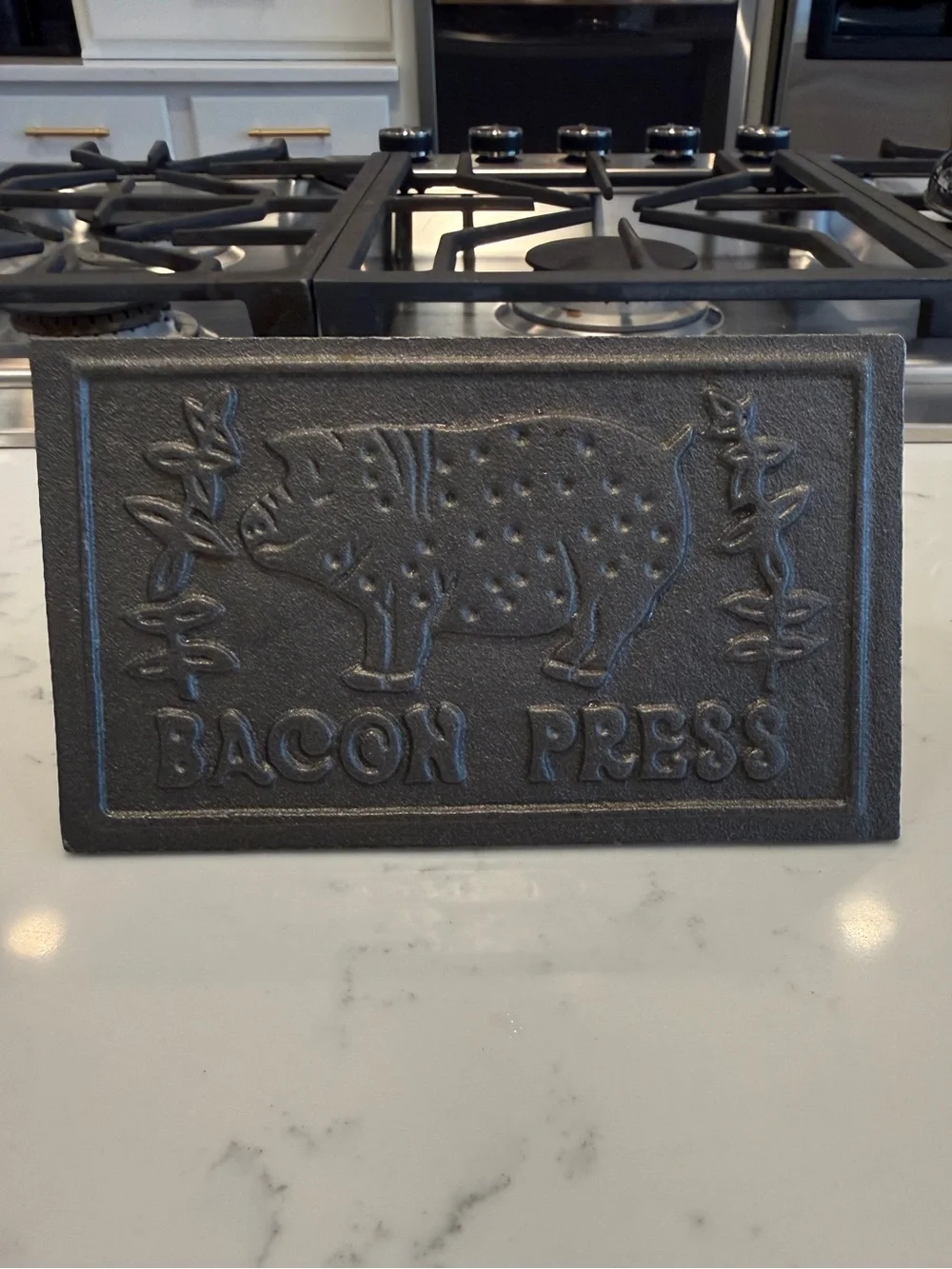 Cast Iron Bacon Press with Wood Handle & Pig Design 7” X 4” Vintage